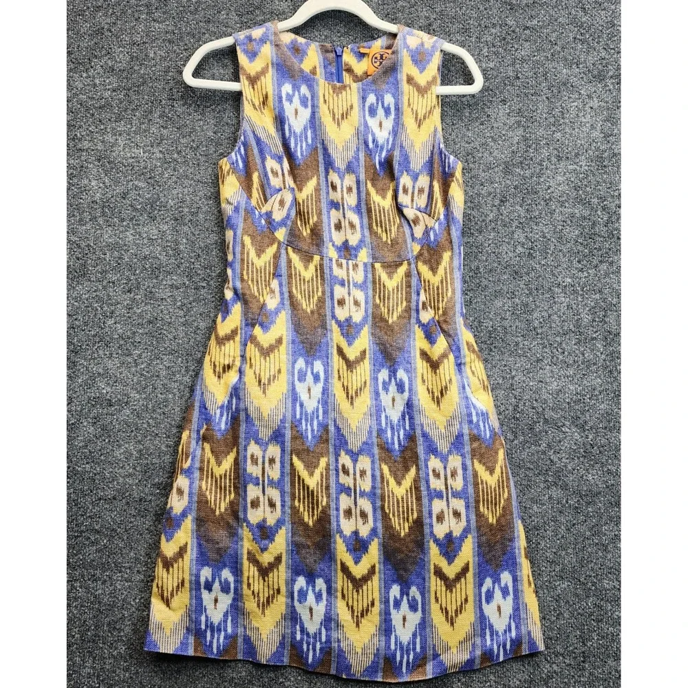 Tory Burch Sleeveless Linen Ikat Shift Dress Boho Coastal Designer Lined Size 4